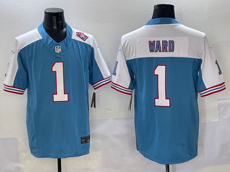 Men 2025 Tennessee Titans #1 Ward Light Blue white Throwback Three generations Nike Limited NFL Jersey style 2
